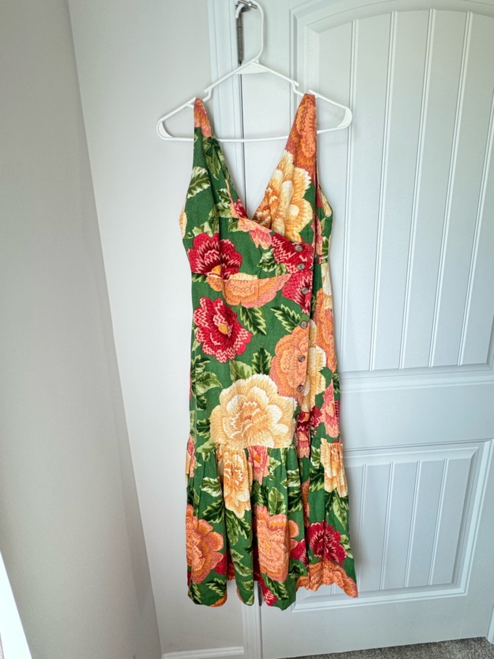 FARM Rio Green Midi Dress with Orange & Red Floral Print